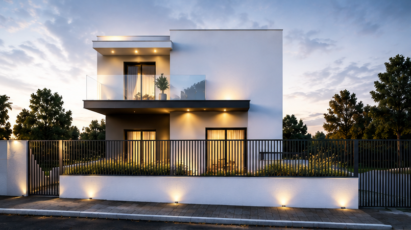 Contemporary white villa with lit balcony at dusk — Cascais
