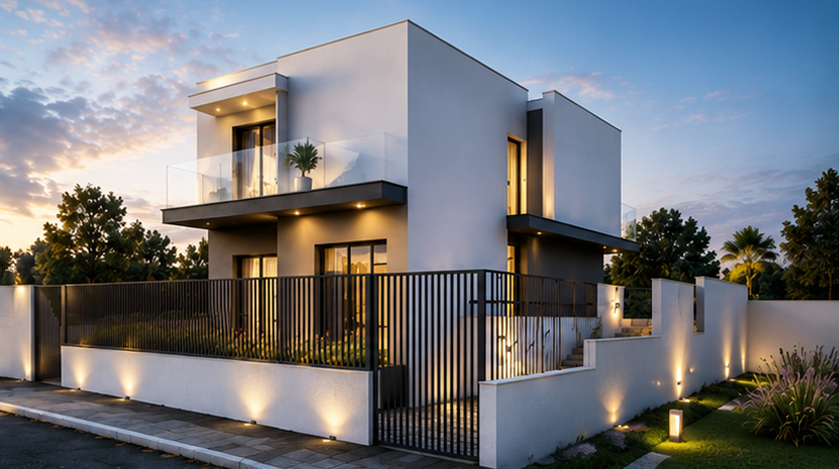 White corner villa with terrace and warm lighting at dusk — Sintra