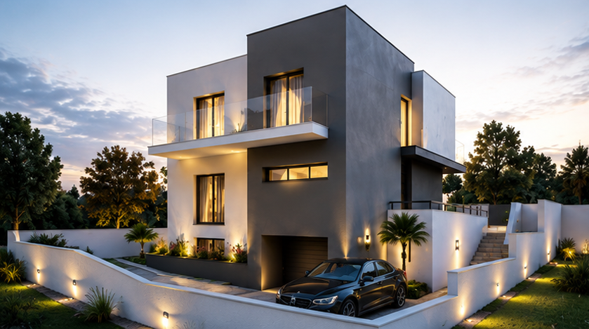 Contemporary villa with lit facade and private driveway at dusk — Belas