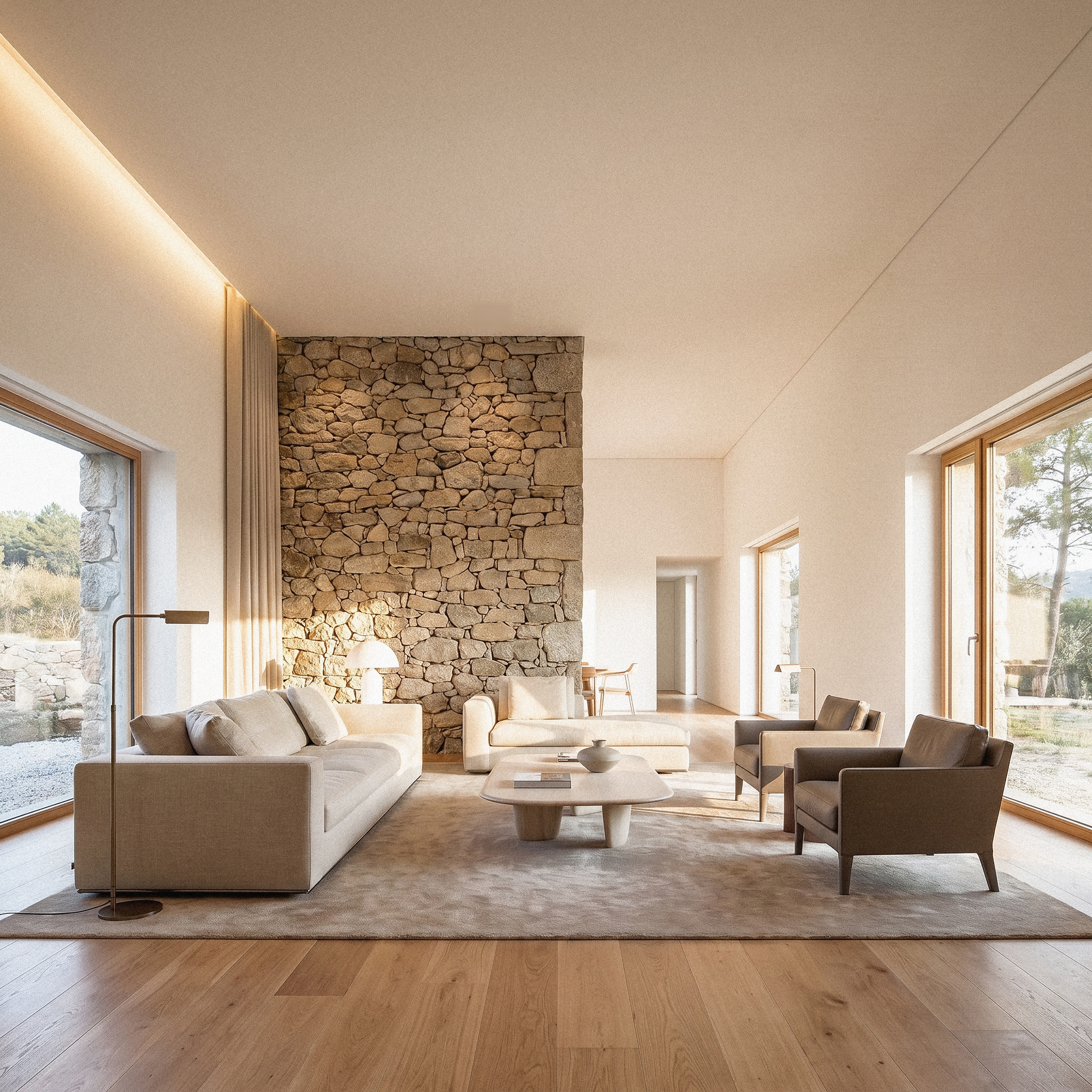 Minho — living interior with stone feature wall and oak floor