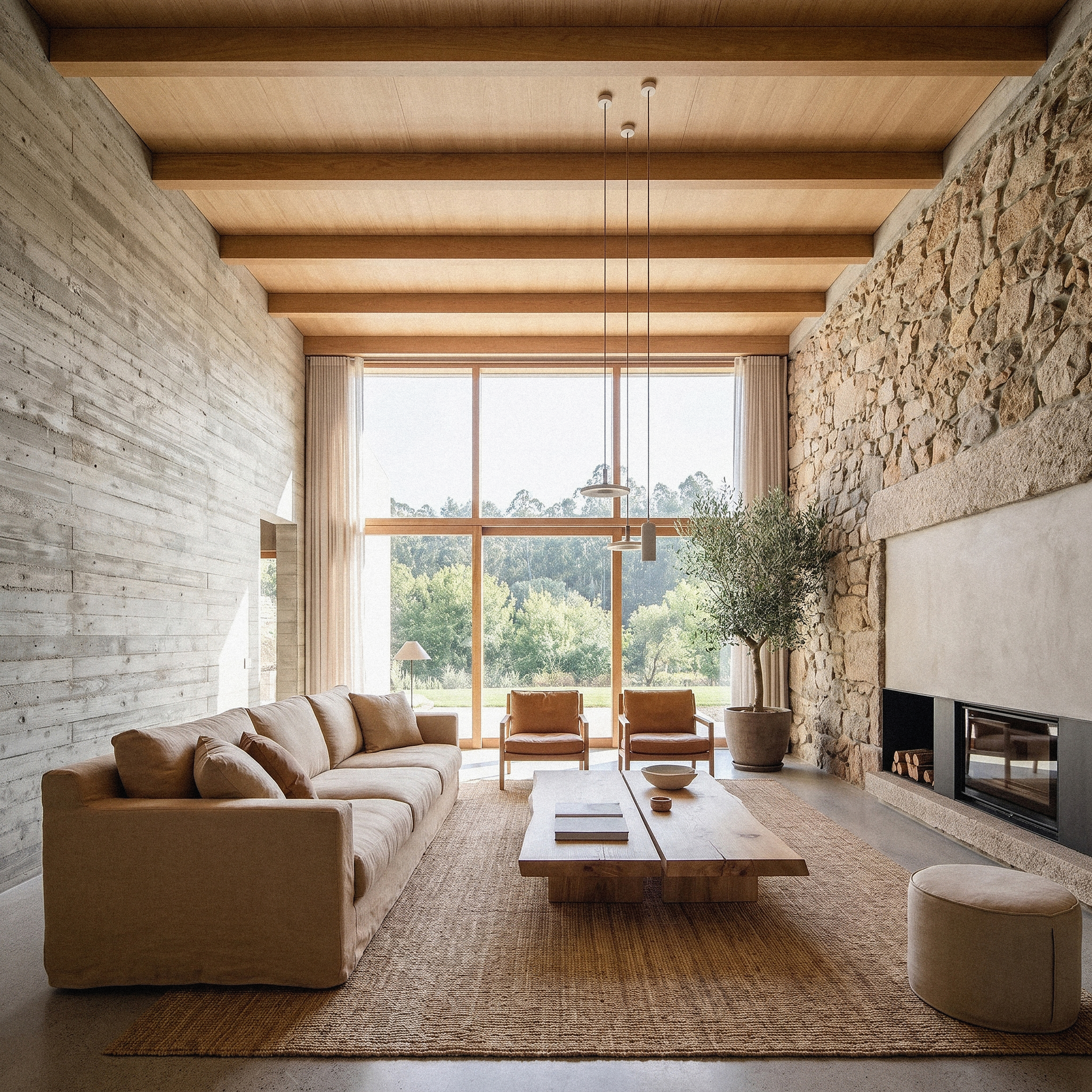 Minho — living room with timber beams and stone wall